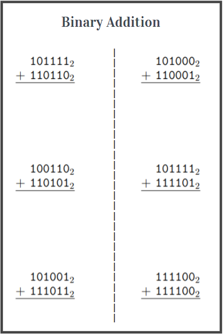 adding binary numbers worksheets