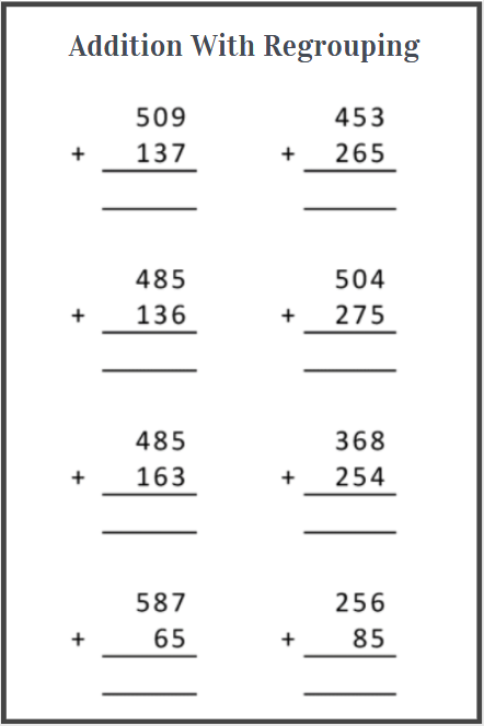 addition with regrouping worksheets examples