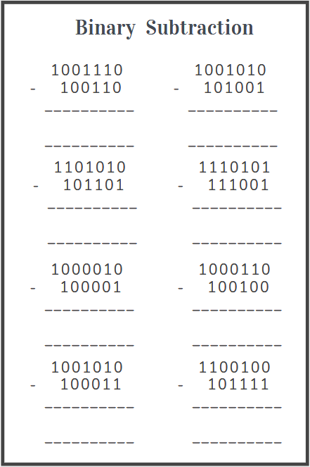 binary subtraction worksheets